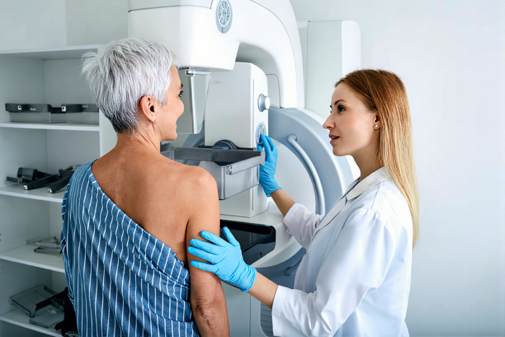 Senior woman undergoing mammography health screening.